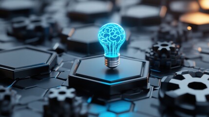 Wall Mural - light bulb with brain icon on geometric background in blue colors
