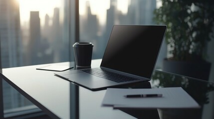 Poster - A sleek laptop sits open on a glass table beside a coffee cup and notepad, with a stunning city skyline visible through large windows during sunset, creating a serene work environment.