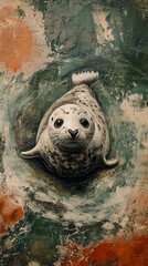 Sticker - Adorable Seal Pup in Abstract Ocean Painting