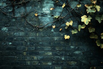 Poster - Vines gracefully climbing a dark brick wall in a serene garden setting during early autumn