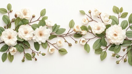 Wall Mural - Elegant floral arrangement with white blossoms and green leaves on a textured white background