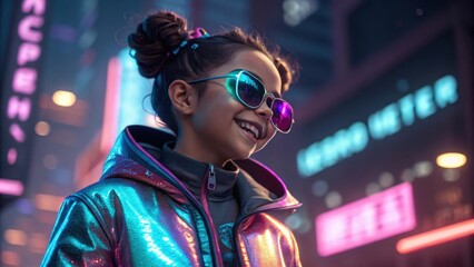 Wall Mural - glowing cyber girl at night