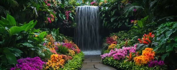 Poster - A secret garden hidden behind a waterfall, its paths winding through a maze of colorful flowers and exotic plants.