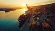 © ANUAR - Aerial View of a Busy Container Port with Colorful Shipping Containers and a Ship Docked at Sunset Casting Beautiful Reflections on the Water