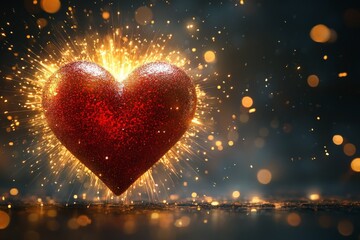 Poster - Red sparkling heart surrounded by gold and orange light creates a festive atmosphere for celebration