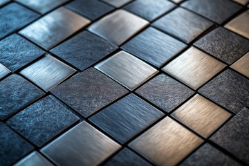 Aufkleber - Grey and black square tiles arranged in a modern, textured pattern highlighting light and shadow interplay in an indoor setting