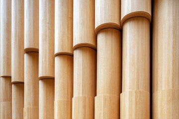 Poster - Textured wooden columns arranged in a modern architectural design at a contemporary building in bright natural light