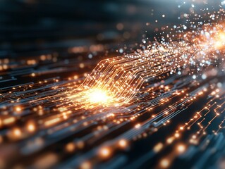 Wall Mural - Futuristic digital landscape with glowing circuits and bright particles creating a vibrant technology background