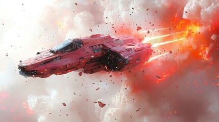 Wall Mural - Red spaceship escaping fiery explosion in space.