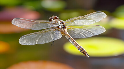 Wall Mural - A dragonfly hovering near a pond, its transparent wings and segmented abdomen sharply focused in a well-lit scene