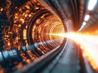 Wall Mural - abstract tunnel with glowing orange lights and digital particles swirling around in a futuristic dig