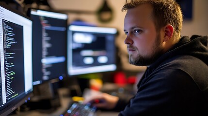 Focused Programmer Working Late at Night