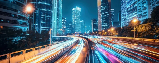 a futuristic cityscape illuminated by neon lights, with flying cars zooming overhead.