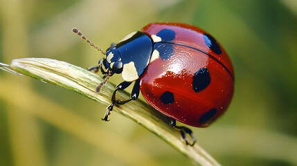 Wall Mural - A ladybug on a blade of grass, its shiny red shell with black spots reflecting light under natural conditions