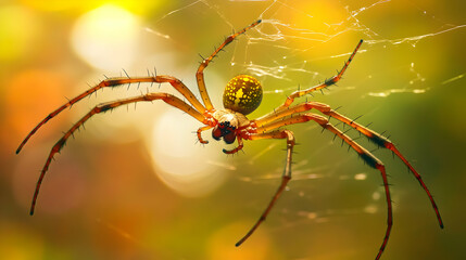 Wall Mural - A spider spinning a web, capturing its intricate legs and detailed abdomen under focused lighting conditions