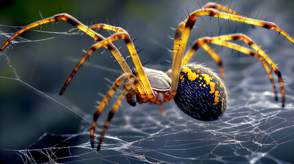 A spider resting on its web, with intricate web patterns and its detailed legs in sharp focus