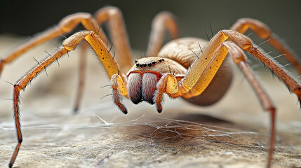 A spider waiting on its web, with its detailed legs and textured abdomen sharply focused