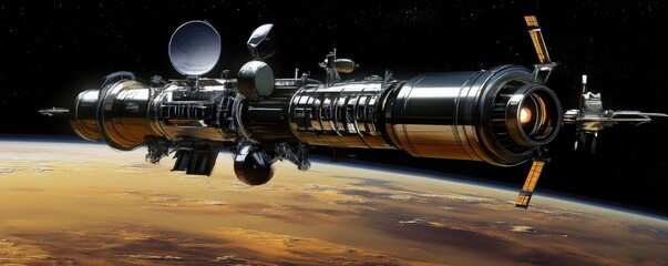 Wall Mural - a futuristic space station orbiting a distant planet, its sleek design a testament to humanity's ing