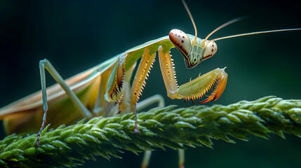 Wall Mural - Closeup of a mantis stalking prey on a green branch, highlighting its sharp forelegs and detailed eyes