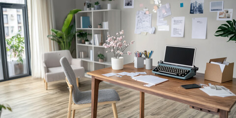 Wall Mural - vintage typewriter on wooden desk with stationery and plants