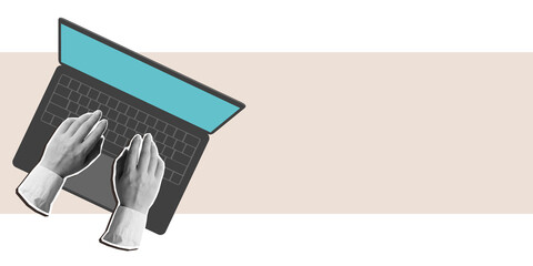 Hands typing text on the keyboard of an open laptop, top view, place for text. Modern photo collage style. Illustration on transparent background