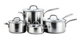 © PERFECTisME - a set of stainless steel cooking pots and pans. varying in size each pot features a lid and sturdy handles. designed for efficient cooking and food preparation ideal for both home kitchens and profess