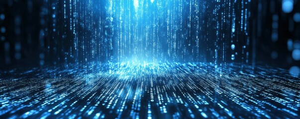 Binary numbers streaming down in blue, creating a digital waterfall effect