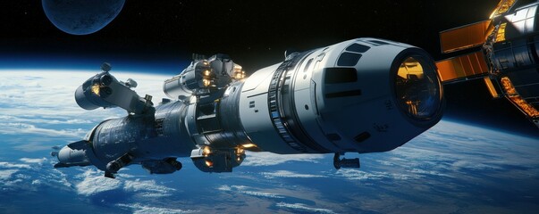 Wall Mural - a sleek spaceship docking at a futuristic space station.