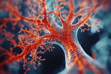 Wall Mural - close-up of intricate red and blue neural network structure with depth of field effect in abstract s