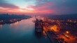 © ANUAR - Vibrant Sunset Over Busy Container Port Showing Cranes and Cargo Ship Docks Illuminated by City Lights in a Tranquil Urban Landscape