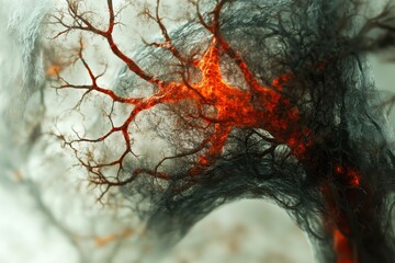 Wall Mural - abstract neural network visualization with glowing red neurons and intricate web-like structures in 