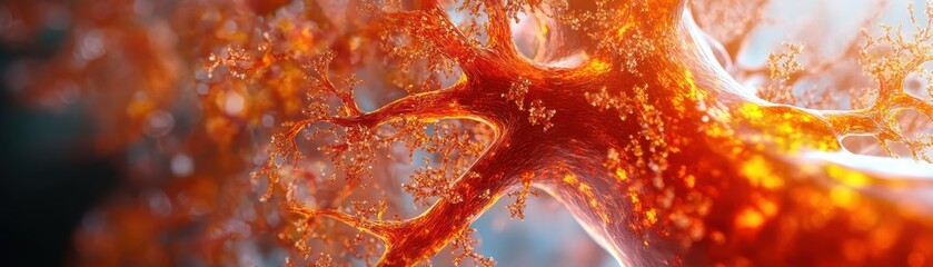 Wall Mural - close-up of vibrant orange and red abstract organic structure with glowing details and intricate pat