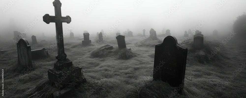 A haunted graveyard shrouded in mist, where tombstones lean at odd ...