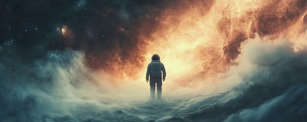 Wall Mural - a haunting image of a lone astronaut floating in the vast emptiness of space, dwarfed by the swirlin