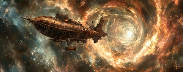 Wall Mural - a steampunk airship navigating a black hole, its engines powered by the immense gravitational pull.