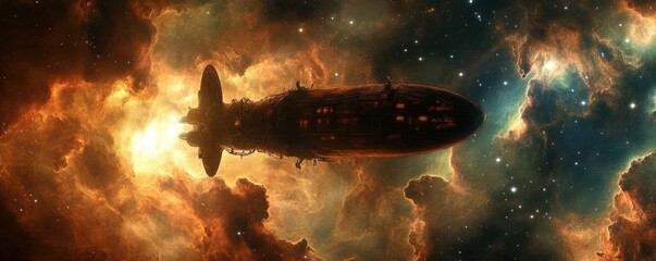 Wall Mural - a steampunk airship navigating a cosmic nebula, its silhouette casting an ethereal glow against the 