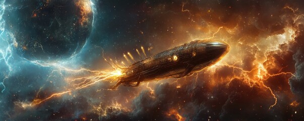 Wall Mural - a steampunk airship navigating a cosmic storm, its lightning rods attracting the electrical energy.