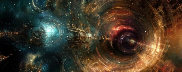 Wall Mural - a steampunk airship navigating a cosmic wormhole, its journey taking it through the fabric of spacet