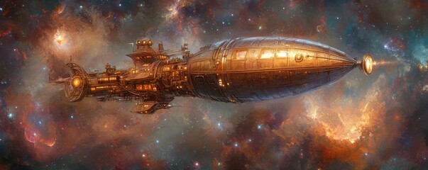 Poster - A steampunk airship navigating a nebula, its lights reflecting off the cosmic dust.