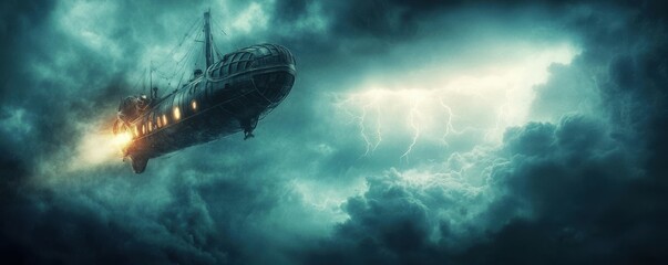 Poster - A steampunk airship navigating a stormy sky, its lights piercing the darkness.