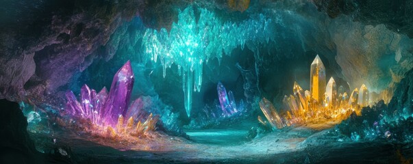 Wall Mural - a hidden cavern filled with sparkling crystals and shimmering gemstones, their colors reflecting the