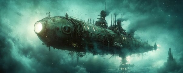 Wall Mural - a steampunk submarine discovering an underwater alien civilization that has mastered underwater brea