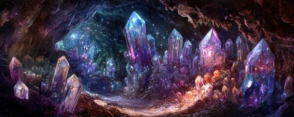 Wall Mural - a hidden cavern filled with sparkling crystals and shimmering gemstones, their colors reflecting the