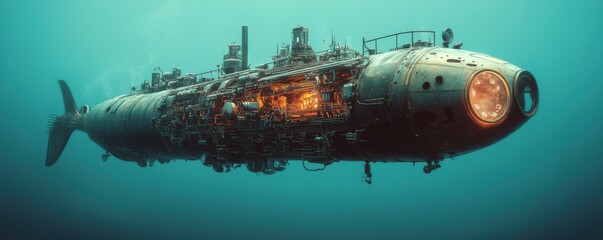 Wall Mural - a steampunk submarine discovering an underwater alien city hidden in the depths of the ocean.