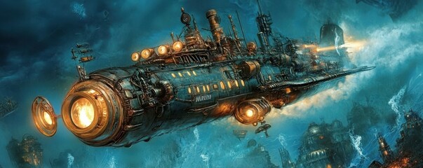 Wall Mural - a steampunk submarine discovering an underwater alien civilization that has mastered underwater comm