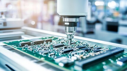 Wall Mural - a robotic system assembling complex circuit boards in a clean electronics manufacturing plant, high-