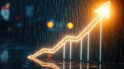 Wall Mural - Financial growth chart, glowing neon arrow, rain backdrop, stock market visualization, upward trend, illuminated graph, orange light, reflective surface, data analytics, business success, futuristic 
