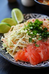 Wall Mural - A plate of grilled fish tacos topped with cabbage slaw, cilantro, and lime wedges