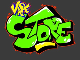 digital illustration of vape store font, digital vape store with cool graffiti style and bright color combination