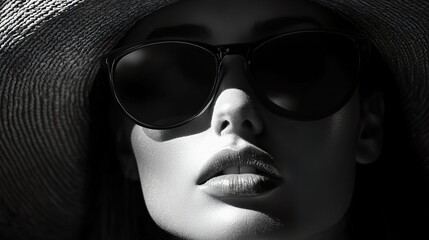 Poster - Mysterious Woman in Sunglasses and Hat: Black and White Fashion Portrait